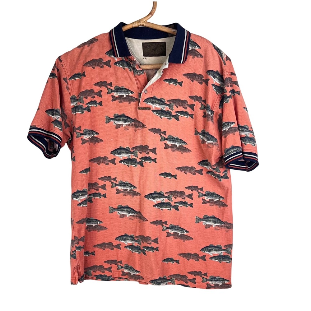 North River Fish Print Polo Shirt Mens Large Bass Herringbone Salmon Fishing Tee